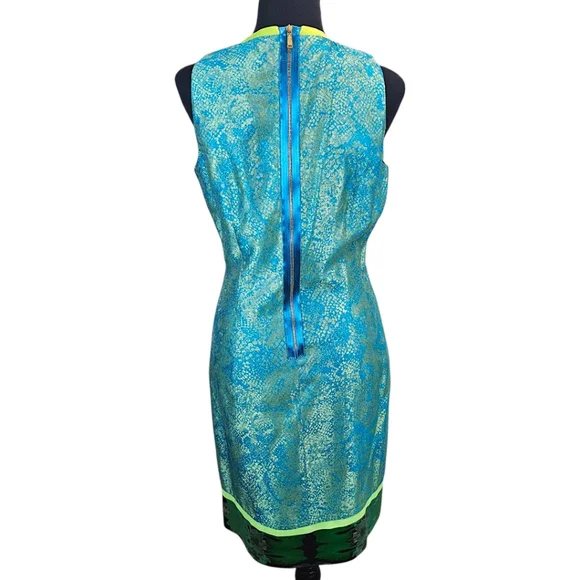 Elie Tahari Silk Blend Iridescent Teal and Green Sleeveless Sheath Dress Sz 10 - Picture 5 of 16